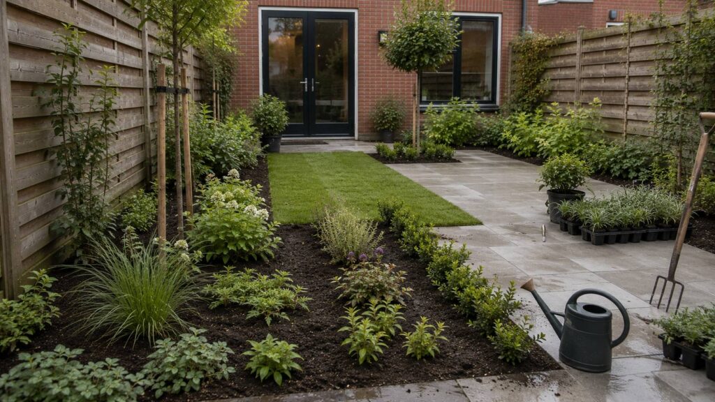 Tuin beplanting renoveren met nieuwe borders, gazon en groenstructuur in een Nederlandse achtertuin.