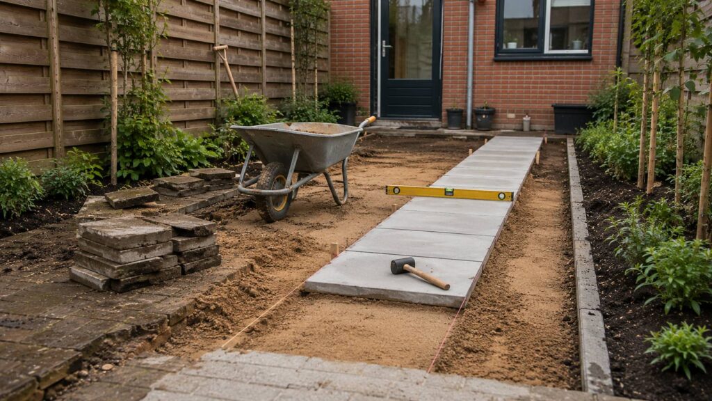 Tuin bestrating renoveren met voorbereid zandbed, nieuw tuinpad en oude tegels in een Nederlandse achtertuin.
