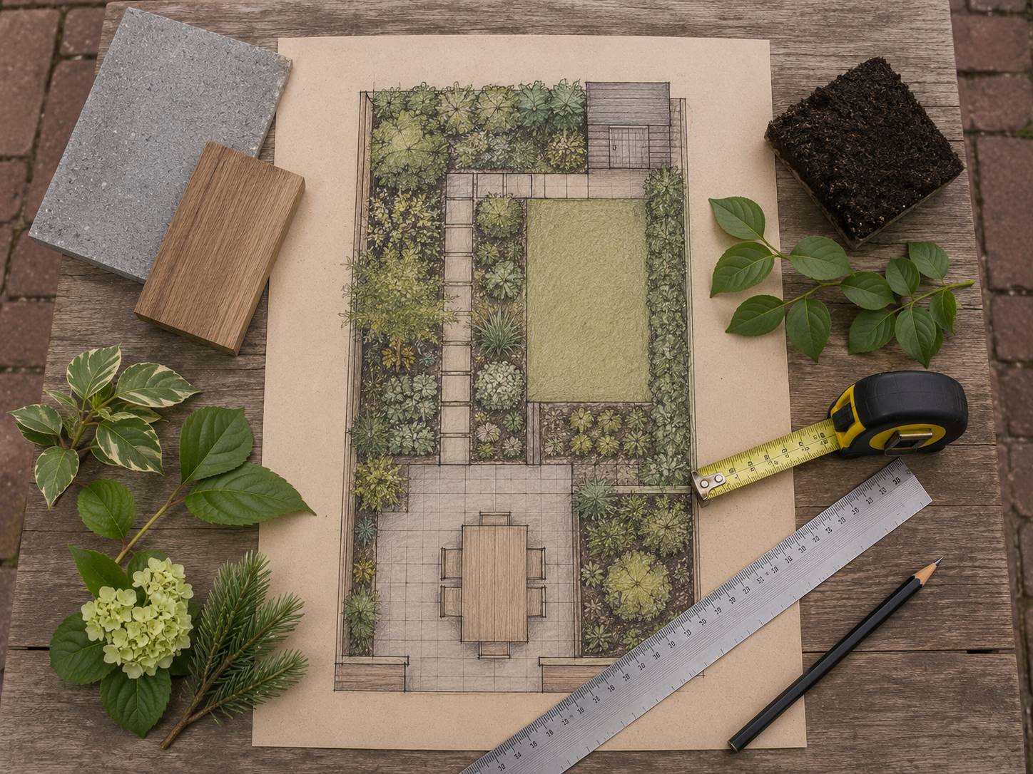 Tuinplan maken met zones voor terras, paden, borders, gazon, privacy en opslag. tuinontwerp maken zonder ontwerper