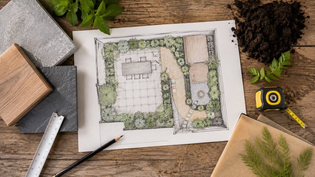 Schets van een tuinindeling met zones voor terras, paden, borders, privacy en afwatering.