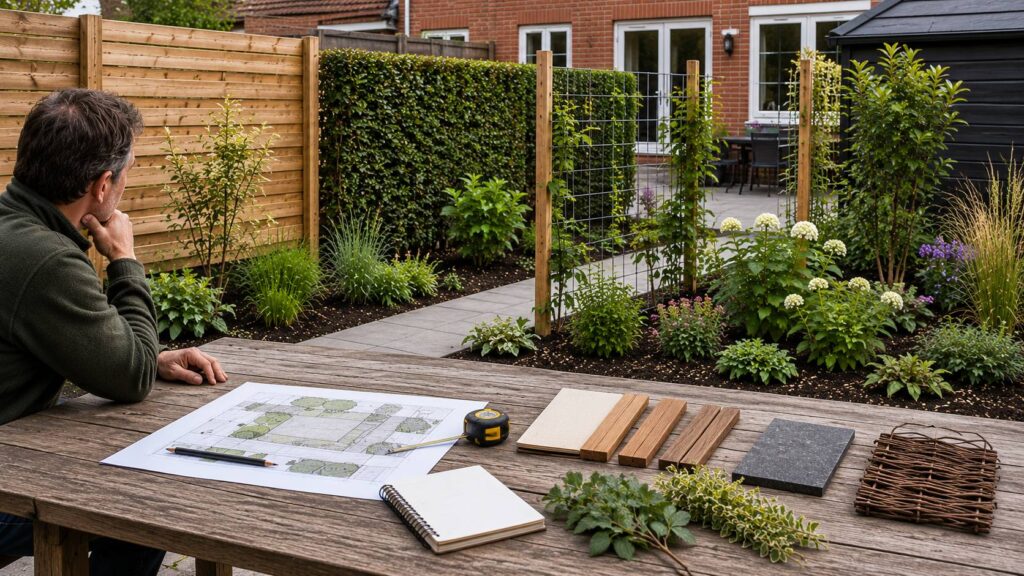Tuinafscheiding kiezen met voorbeelden van houten schutting, haag, klimplanten en groene borders in een Nederlandse achtertuin.