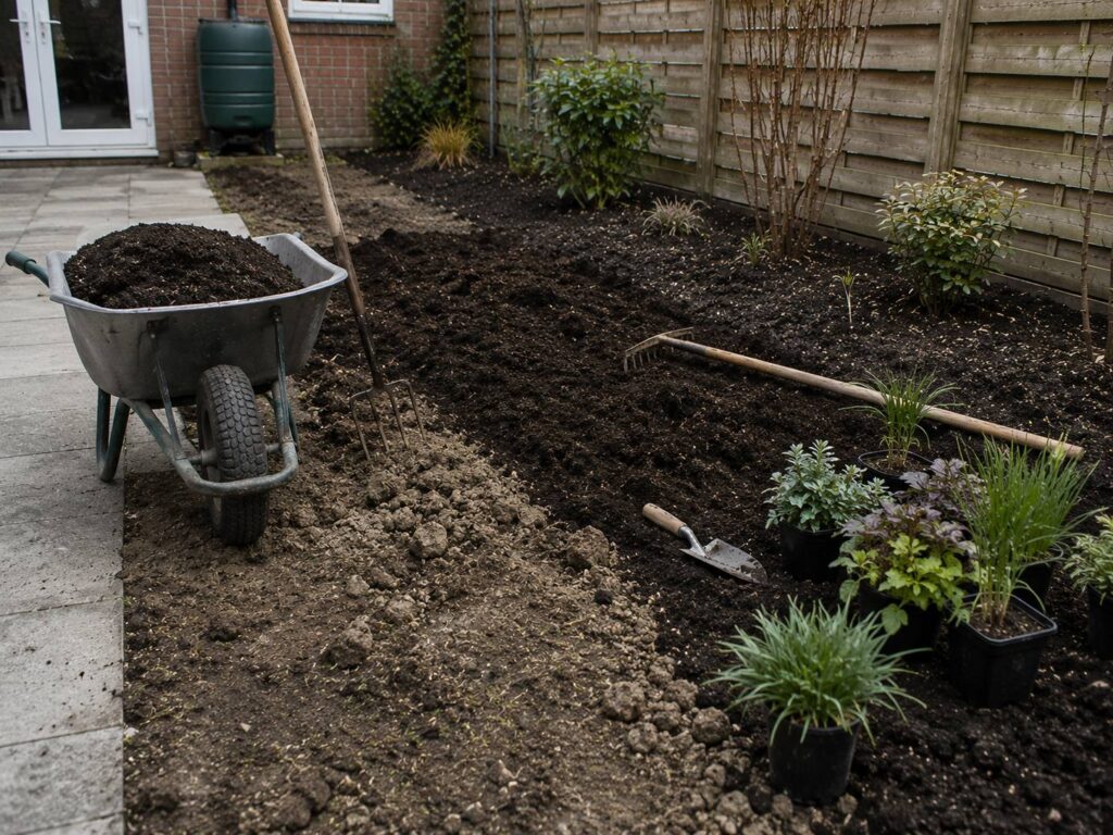 Tuingrond verbeteren met compost en losse bodem als voorbereiding op nieuwe beplanting.