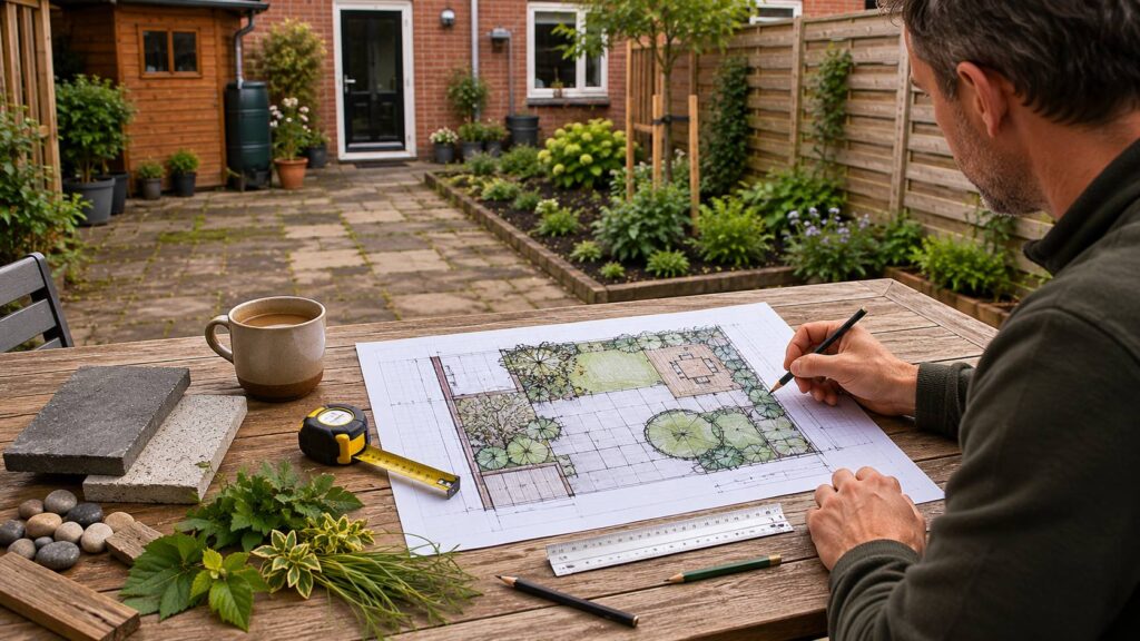 Tuinontwerp maken voor renovatie met tuinplan, meetlint, materiaalstalen en bestaande Nederlandse achtertuin.