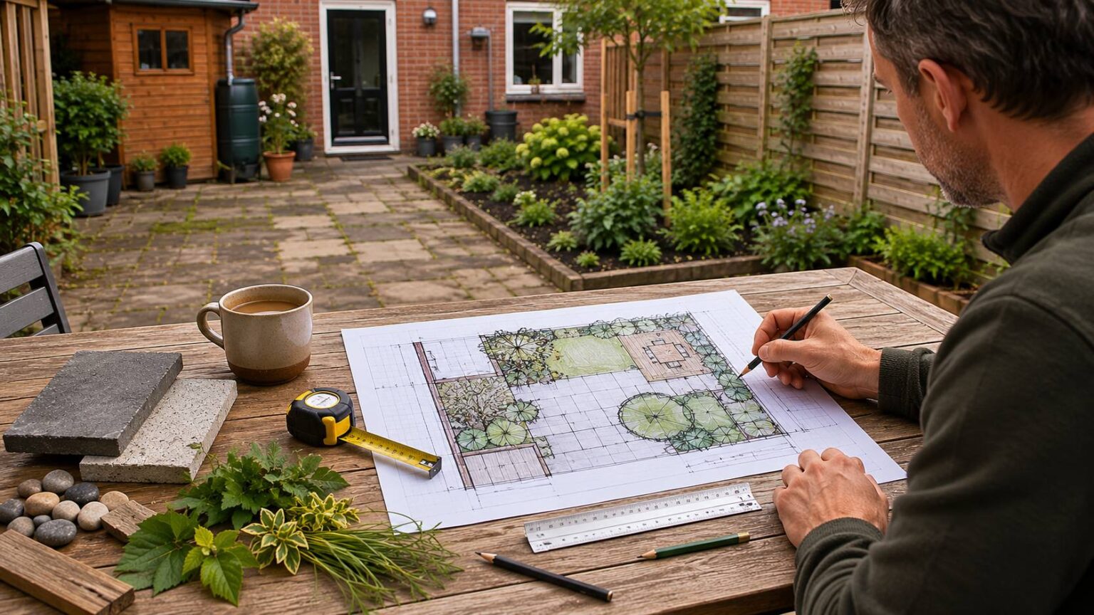 Tuinontwerp maken voor renovatie met tuinplan, meetlint, materiaalstalen en bestaande Nederlandse achtertuin.