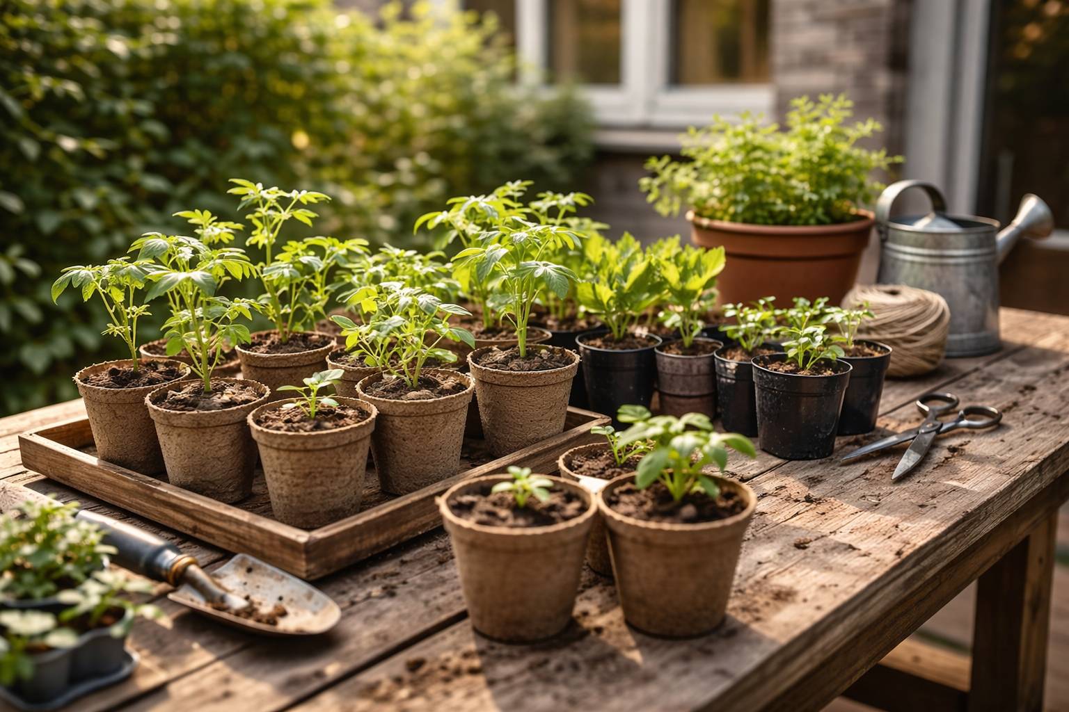 Tuinopstelling op een rustieke tafel. droogtebestendige planten