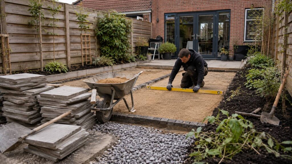 Huiseigenaar en hovenier bespreken de kosten en het budget voor een tuinrenovatie aan een tuintafel. kosten tuin renoveren