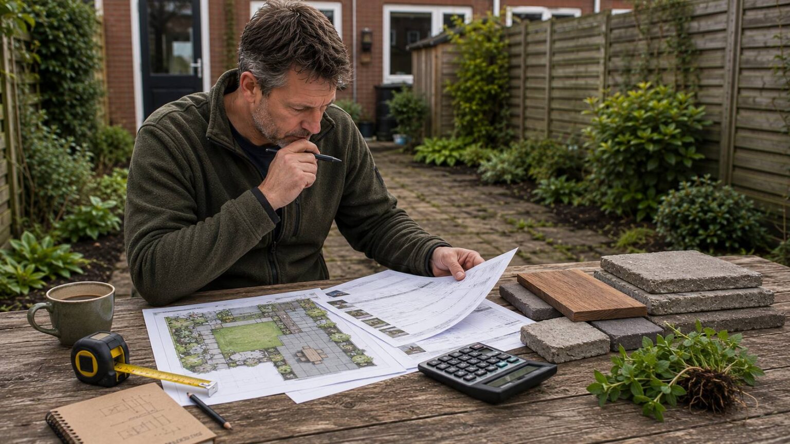 Tuinrenovatie kostenoverzicht bespreken met tuinplan, calculator, materiaalstalen en budgetpapieren.