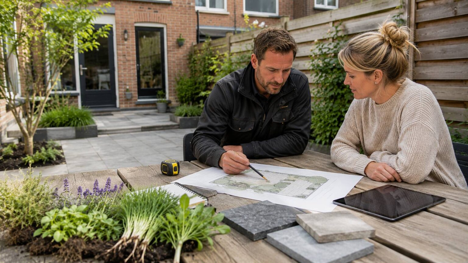 Huiseigenaar en hovenier bespreken een tuinplan voor een tuinrenovatie in een Nederlandse achtertuin. / tuinrenovatie plannen