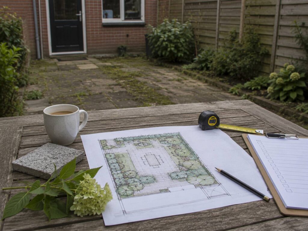 Tuinrenovatie voorbereiden met tuinplan, meetlint, checklist en materiaalstalen op een tuintafel.