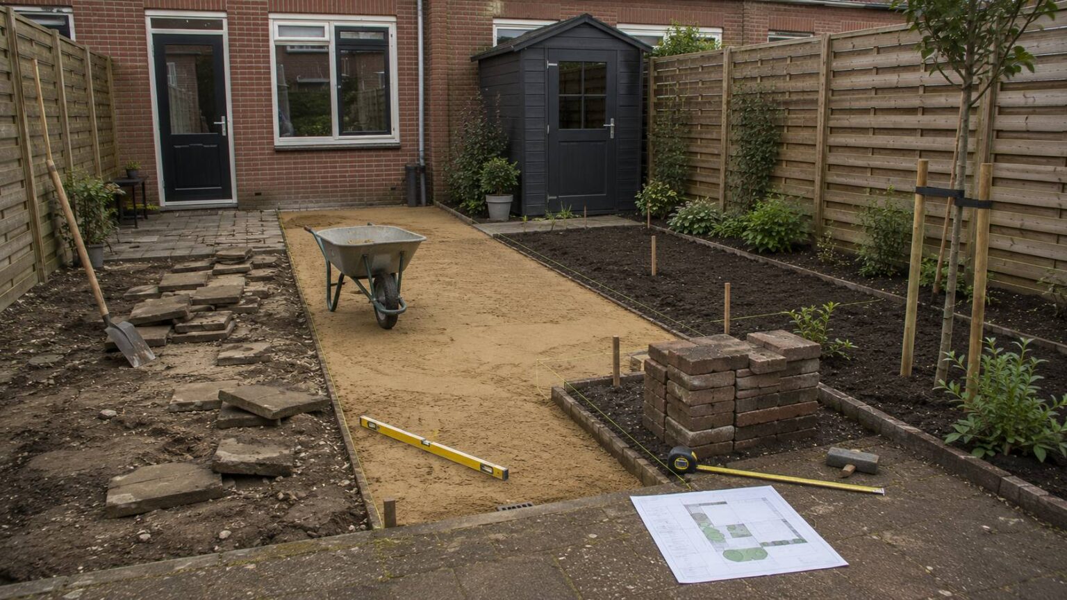 Tuinrenovatie stappenplan met oude bestrating, voorbereid zandbed, plantvakken en meetgereedschap in een Nederlandse achtertuin.