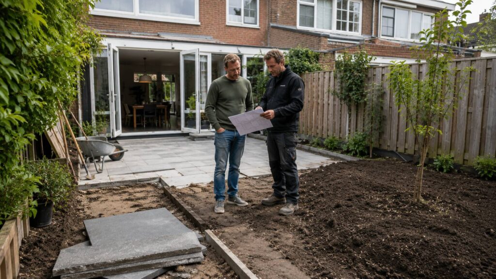 Tuinrenovatie van een Nederlandse achtertuin met verwijderd terras, nieuwe bodemopbouw en overleg over de indeling