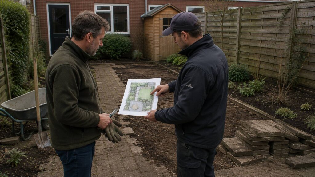 Huiseigenaar en hovenier bespreken welke onderdelen van een tuinrenovatie zelf gedaan kunnen worden en welke vakwerk vragen. tuinrenovatie zelf doen of hovenier