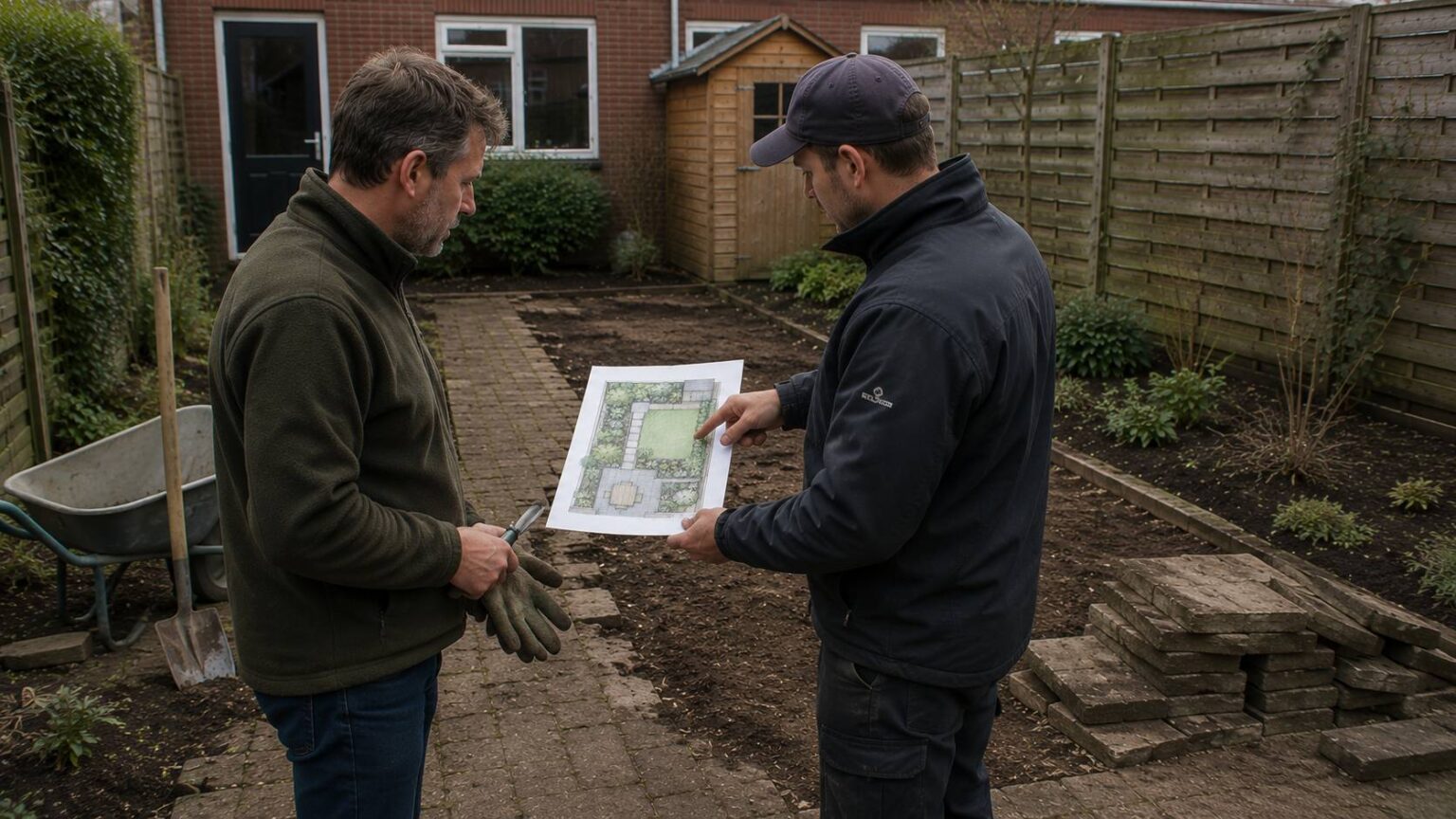 Huiseigenaar en hovenier bespreken welke onderdelen van een tuinrenovatie zelf gedaan kunnen worden en welke vakwerk vragen. tuinrenovatie zelf doen of hovenier