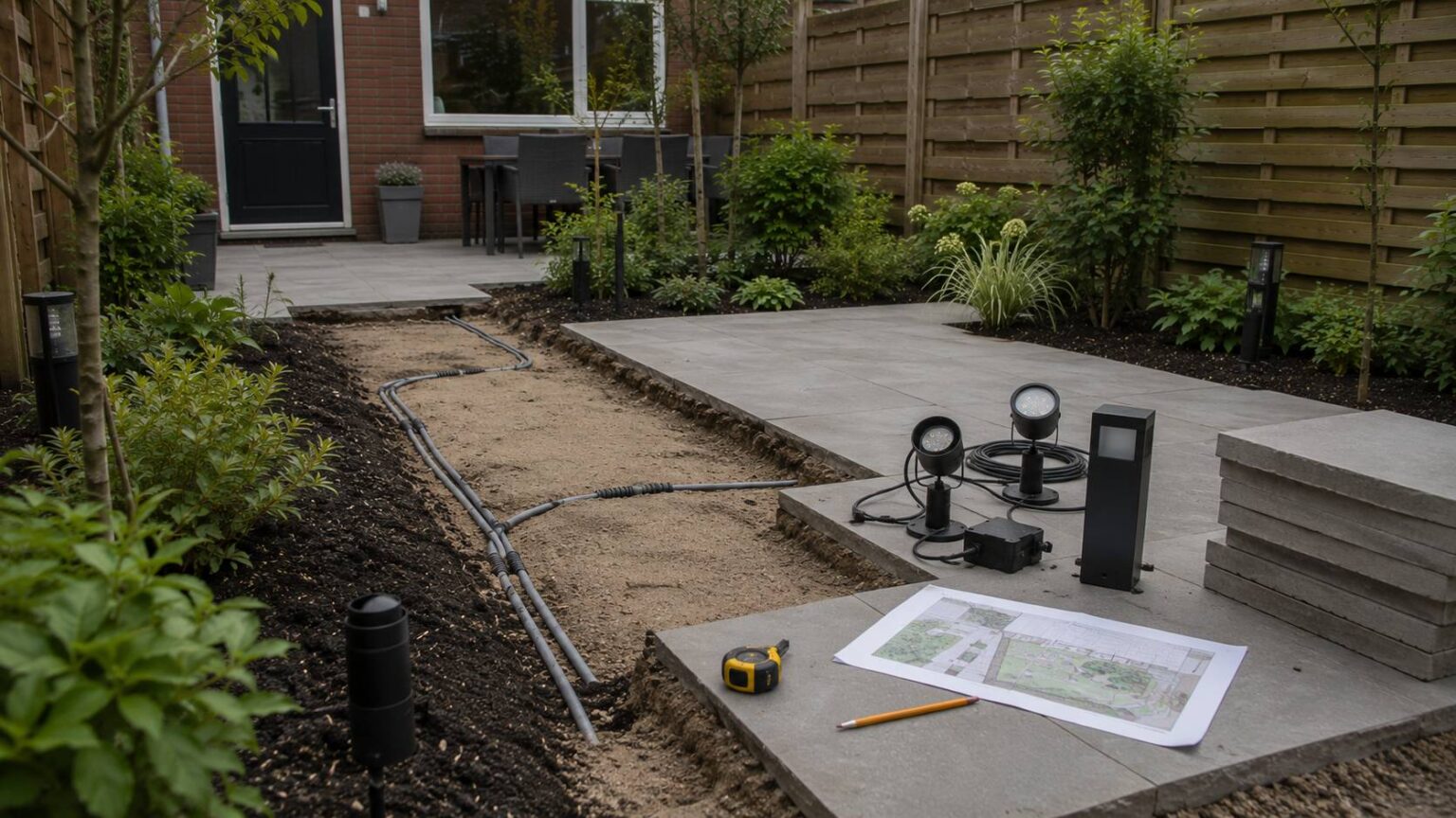 Tuinverlichting elektra voorbereiden met kabelroutes, mantelbuizen en lichtpunten tijdens een tuinrenovatie.