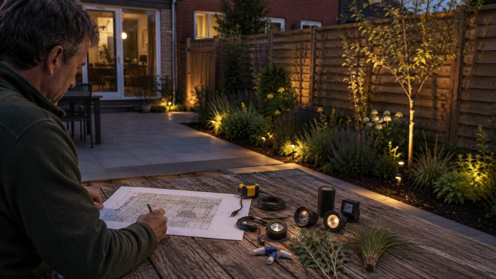 Functionele tuinverlichting langs tuinpad, terras, poort en schuur in een gerenoveerde achtertuin.