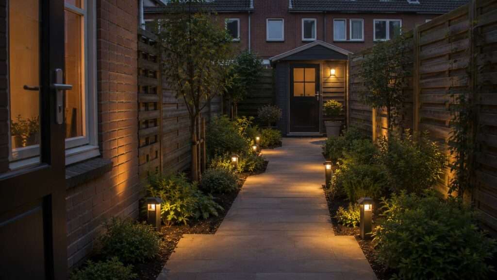 Buitenverlichting in de tuin langs een pad naar de schuur voor veilige oriëntatie in de avond.