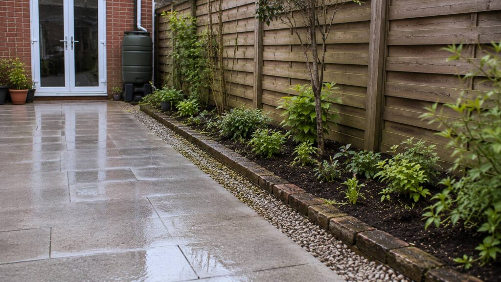 Afwatering tuin verbeteren met afschot, grindstrook, regenton en groene infiltratieborder.