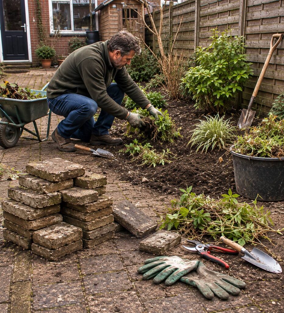 Huiseigenaar en hovenier bespreken welke onderdelen van een tuinrenovatie zelf gedaan kunnen worden en welke vakwerk vragen.