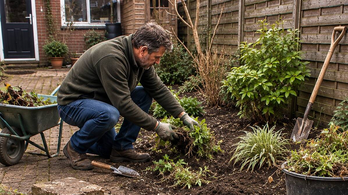 Huiseigenaar en hovenier bespreken welke onderdelen van een tuinrenovatie zelf gedaan kunnen worden en welke vakwerk vragen. tuinrenovatie voorbereiden