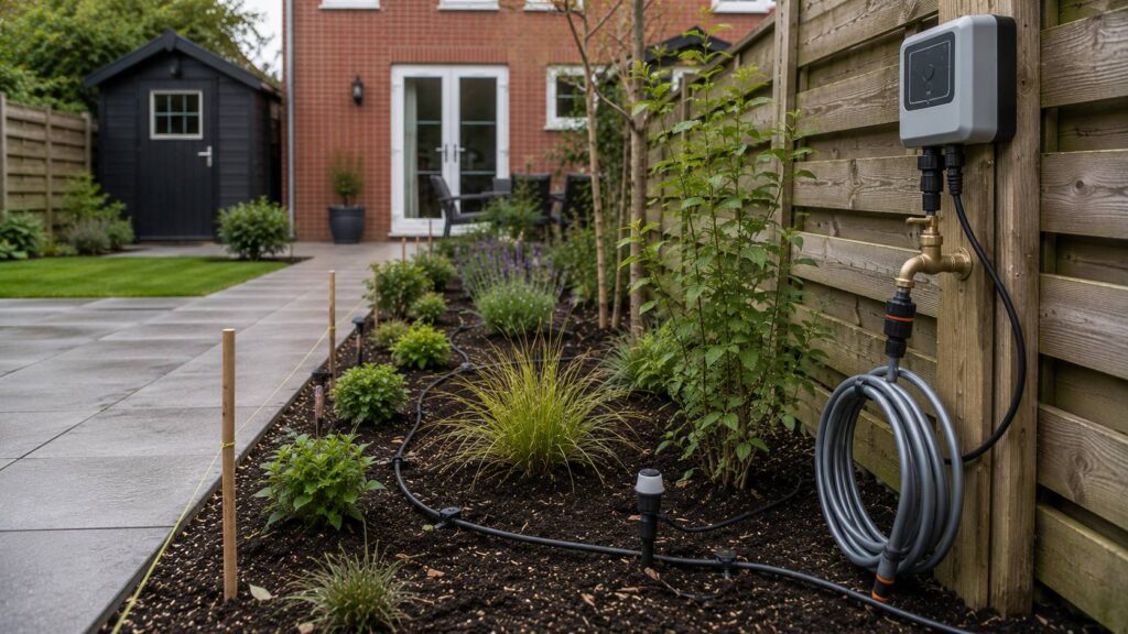 Automatische beregening met druppelslang, bodemvochtsensor en slimme beregeningscomputer in een Nederlandse tuinborder.