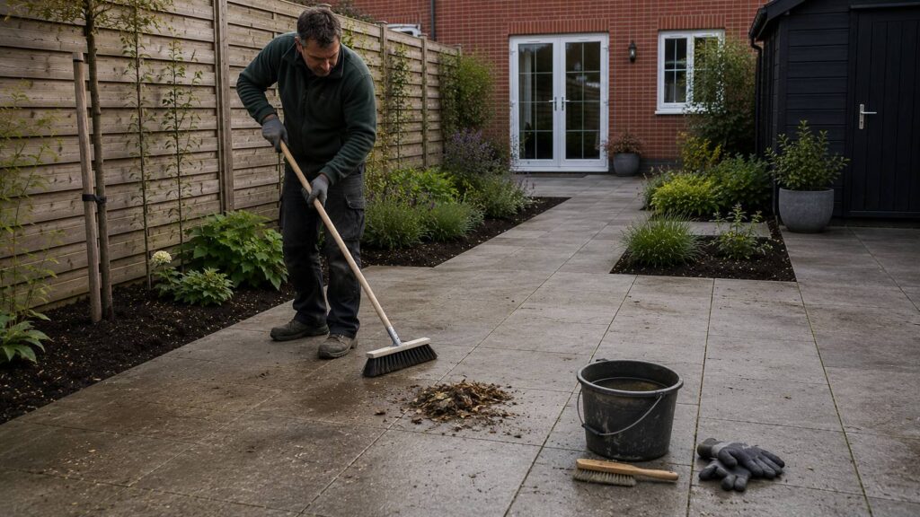 Tuinbestrating schoonmaken met bezem, borstel en emmer op een terras in een Nederlandse achtertuin. bestrating onderhoud tuin
