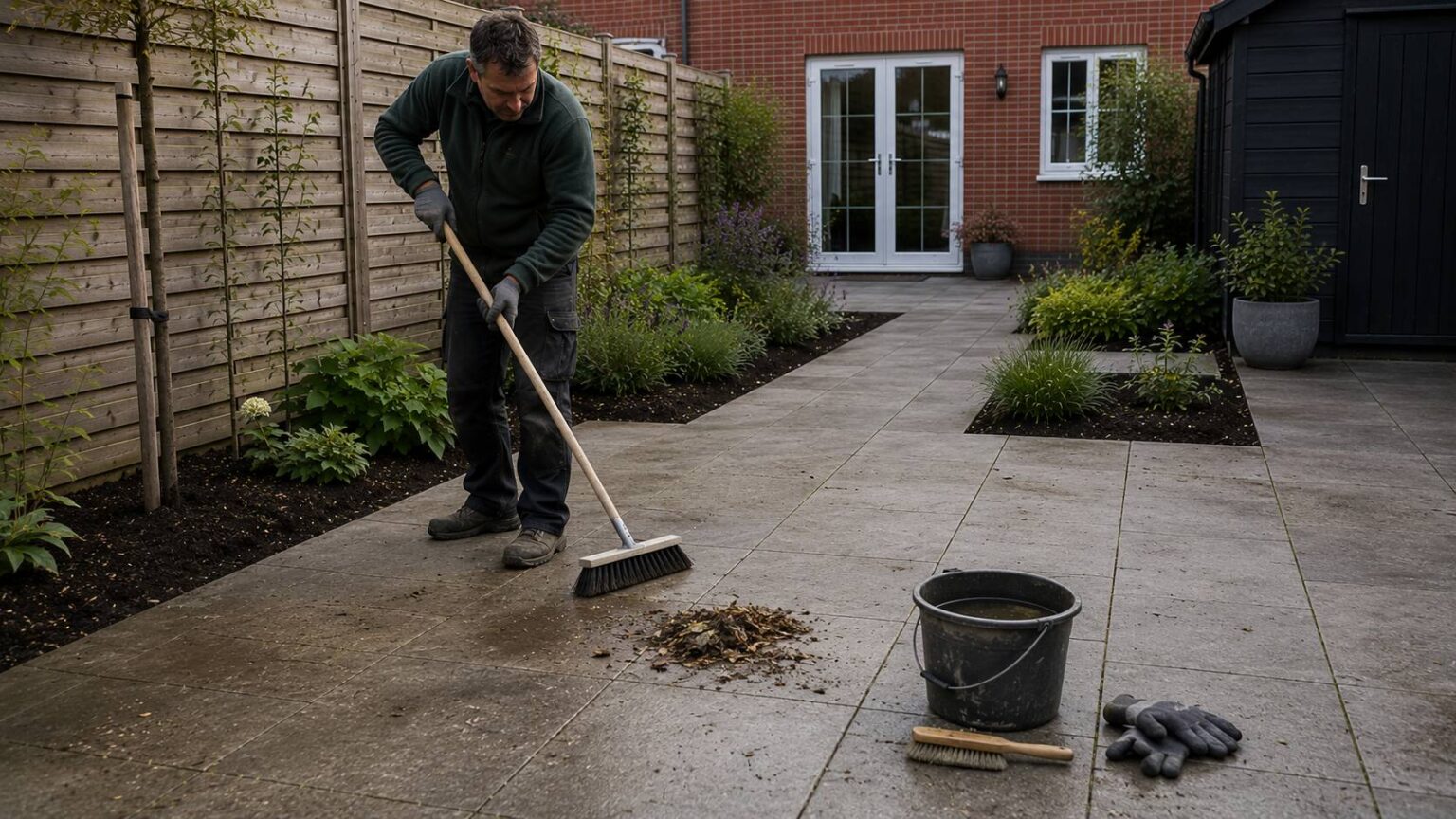 Tuinbestrating schoonmaken met bezem, borstel en emmer op een terras in een Nederlandse achtertuin. bestrating onderhoud tuin