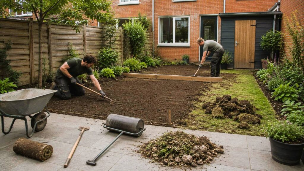 Bodem voorbereiden voor graszoden leggen met oude grasmat verwijderen, egaliseren en grond losmaken. graszoden leggen tuin