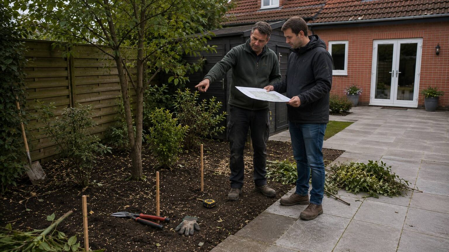 Bomen en struiken beoordelen tijdens tuinrenovatie met hovenier, tuinplan, meetlint en bestaande beplanting. bomen struiken behouden verwijderen