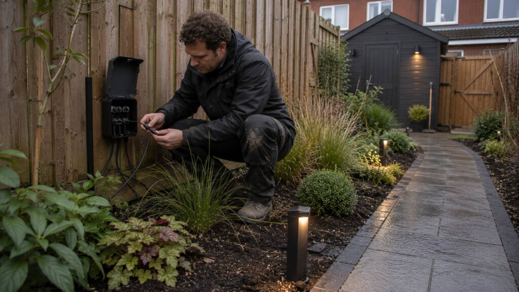 Veilige aansluiting van buitenverlichting bij vochtige beplanting en een tuinpad in een Nederlandse tuin.