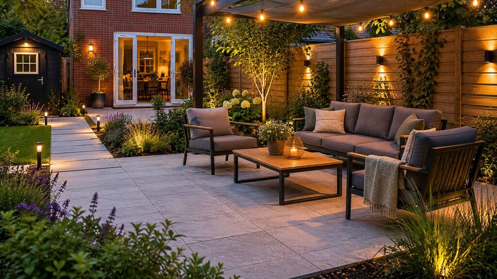 Comfortabel terras in een Nederlandse tuin met schaduw, zitruimte, groene borders, privacy en zachte verlichting. slimme tuin