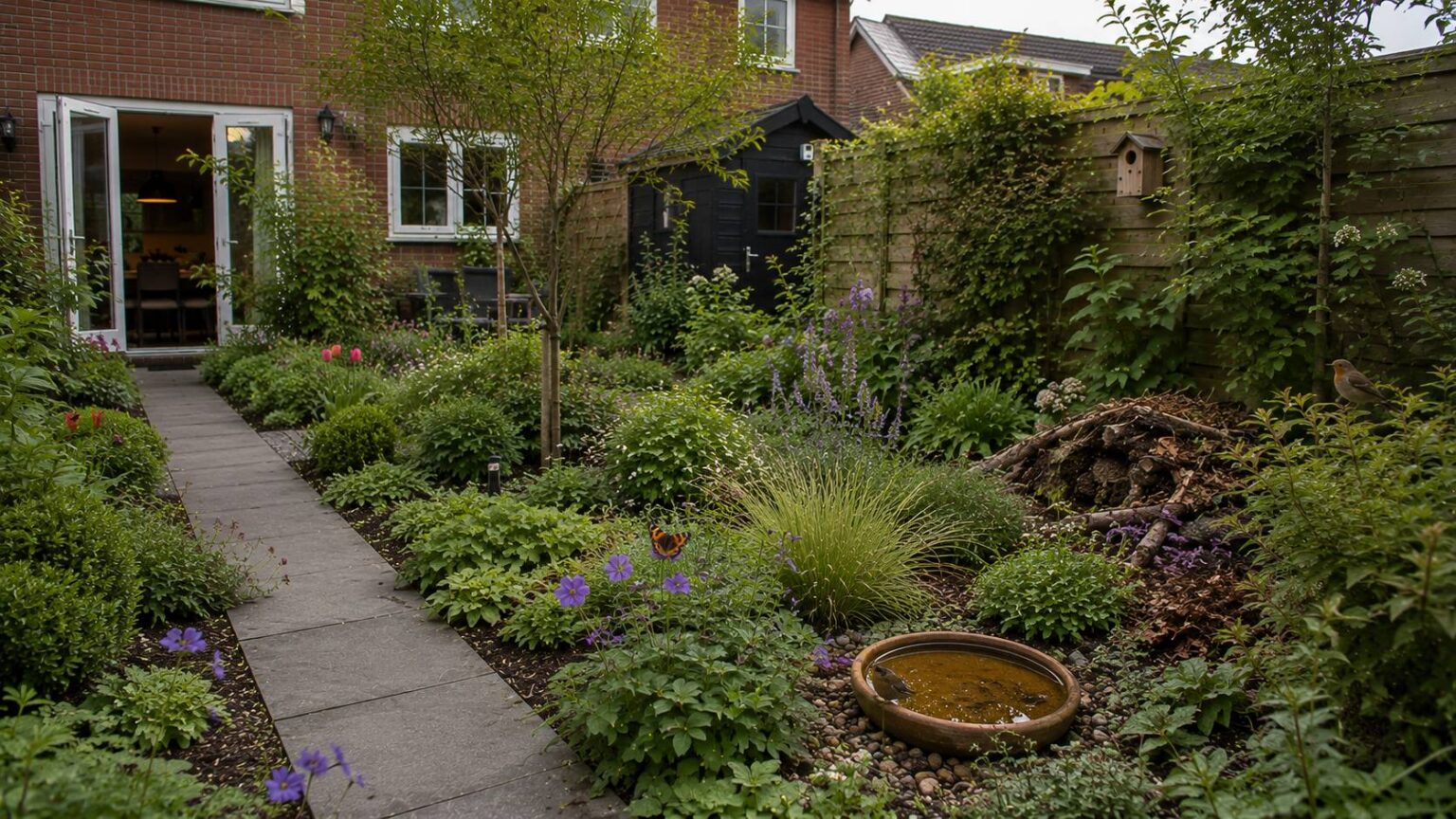 Biodiverse tuin met bloeiende planten, heesters, bodembedekkers, waterplek, vogelhuisje en minder tegels. biodiverse tuin