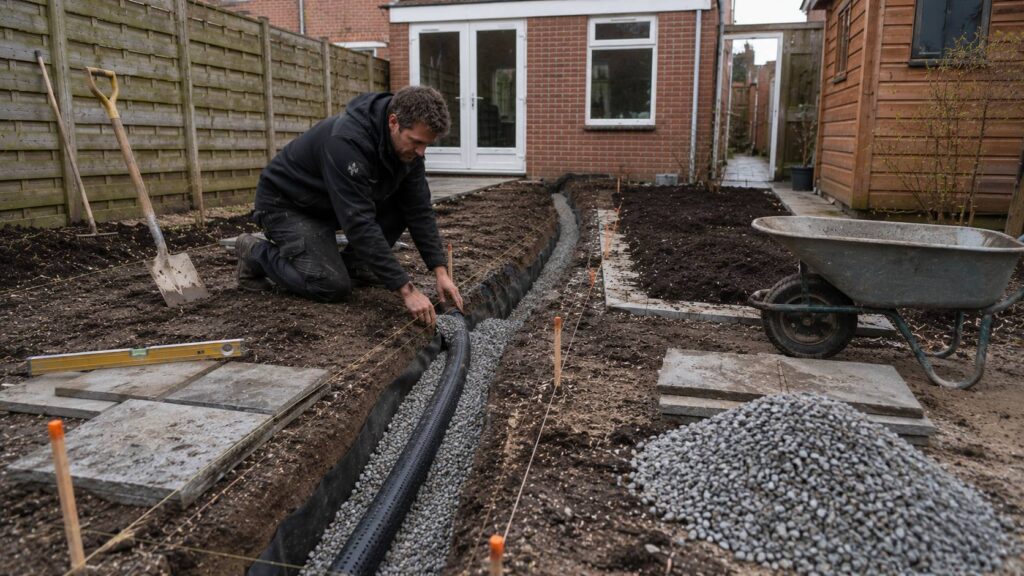 Natte tuin drainage aanleggen met drainagebuis, grindbed, sleuf, grondwerk, kruiwagen en voorbereide bestrating.