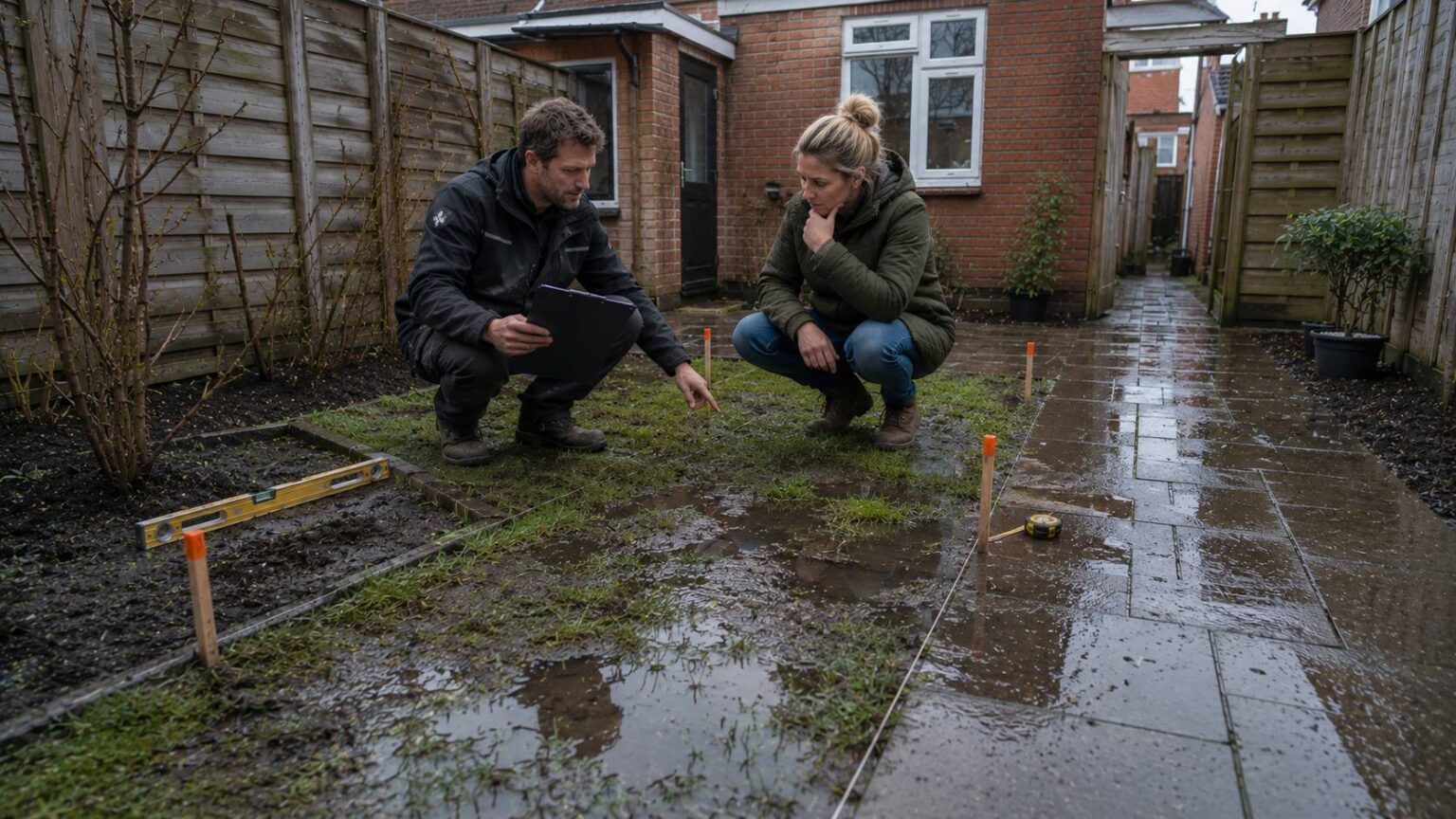 Drainage natte tuin onderzoeken met plassen, nat gazon, verzakte bestrating, meetlint en hovenier na regen. drainage natte tuin