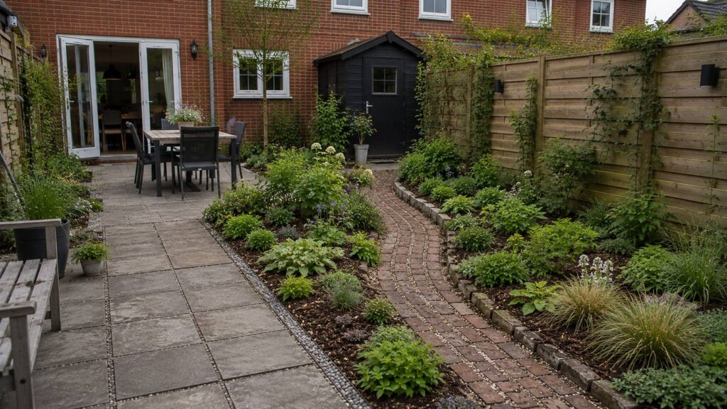 Duurzame materialen tuin met hergebruikte bestrating, bakstenen pad, grindstrook, mulch en groene borders.