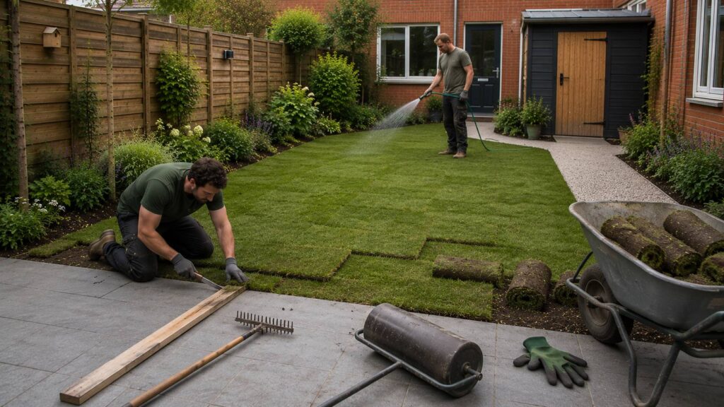 Graszoden leggen in de tuin met strak aansluitende grasmatten, water geven en randen snijden langs het terras.