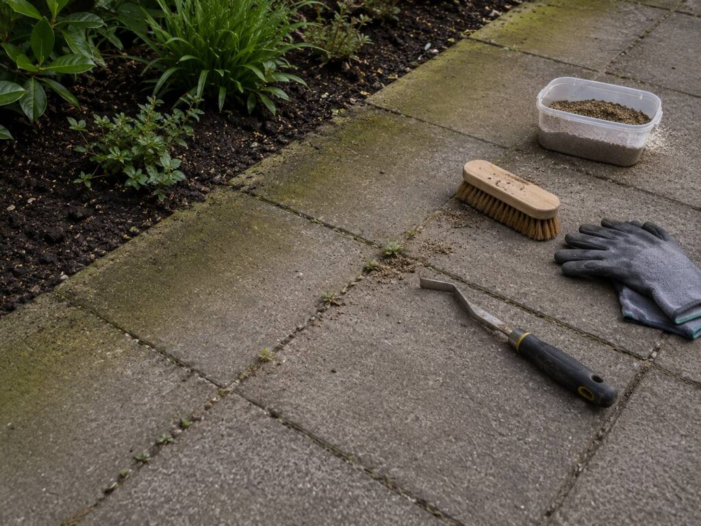 Groene aanslag bestrating verwijderen en voegen controleren bij licht verweerde tuintegels langs een border.