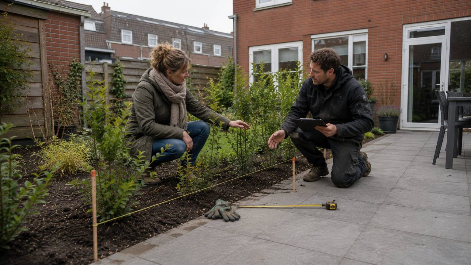 Haag privacy tuin kiezen met jonge haagplanten, meetlint, hovenier en groene erfafscheiding in een Nederlandse achtertuin. haag privacy tuin