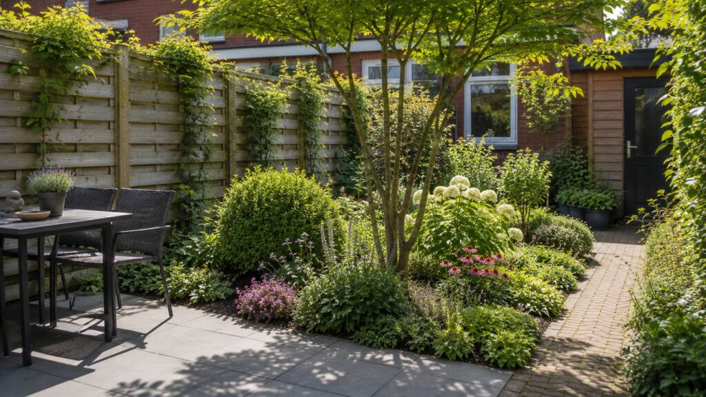 Zonnige tuin beplanting met heesters, klimplanten, kleine boom, vaste planten en lichte schaduw rond een terras. planten schaduwtuin