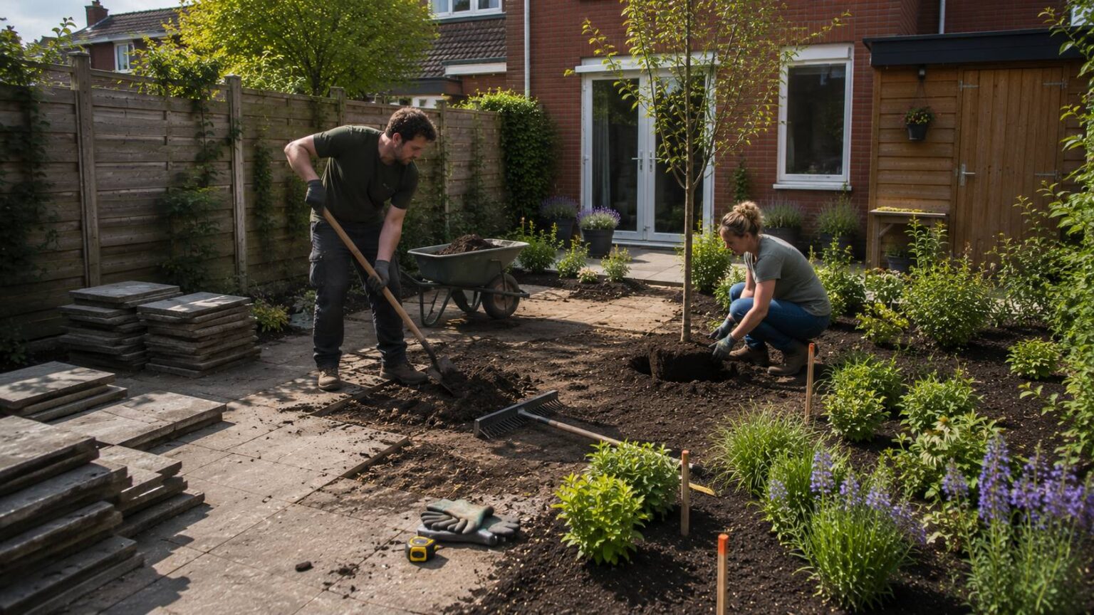 Tuin koeler maken door tegels te verwijderen, open bodem te maken en nieuwe beplanting aan te leggen. tuin koeler maken