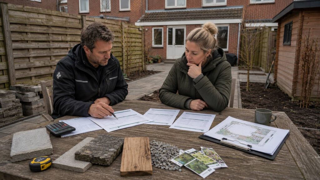 Hovenier offerte vergelijken met tuinplan, offertes, calculator, meetlint en materiaalstalen in een Nederlandse tuin. hovenier offerte vergelijken