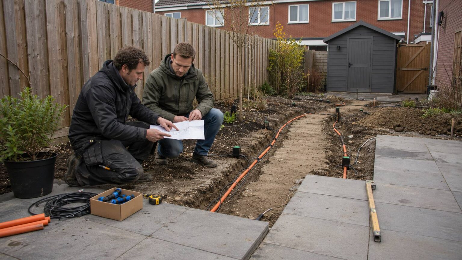 Voorbereiding van kabels, mantelbuizen en aansluitpunten voor tuinverlichting in een Nederlandse achtertuin tijdens renovatie. buitenverlichting veilig aansluiten