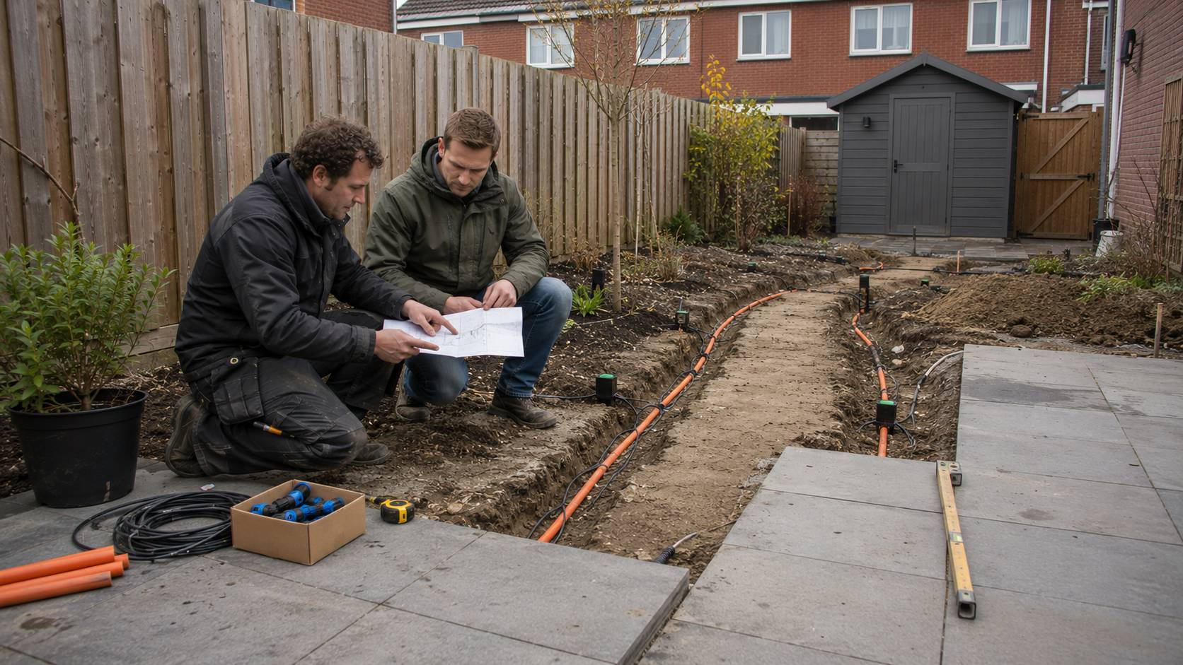 Voorbereiding van kabels, mantelbuizen en aansluitpunten voor tuinverlichting in een Nederlandse achtertuin tijdens renovatie. buitenverlichting veilig aansluiten
