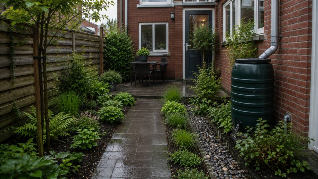 Kleine tuin ingericht om hoosbuien op te vangen met minder tegels, regenton en smalle borders. afschot tuin
