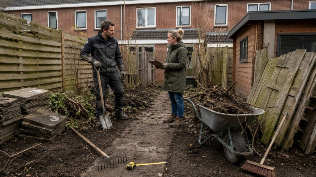 Kosten tuin leeghalen inschatten met verwijderde tegels, struiken, wortels, schuttingdelen, kruiwagen en hovenier. kosten tuin leeghalen
