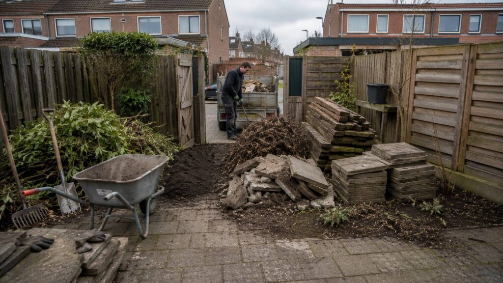 Tuin opruimen en afvoeren met gescheiden groenafval, puin, hout, grond, wortels en oude tegels bij een achterom.