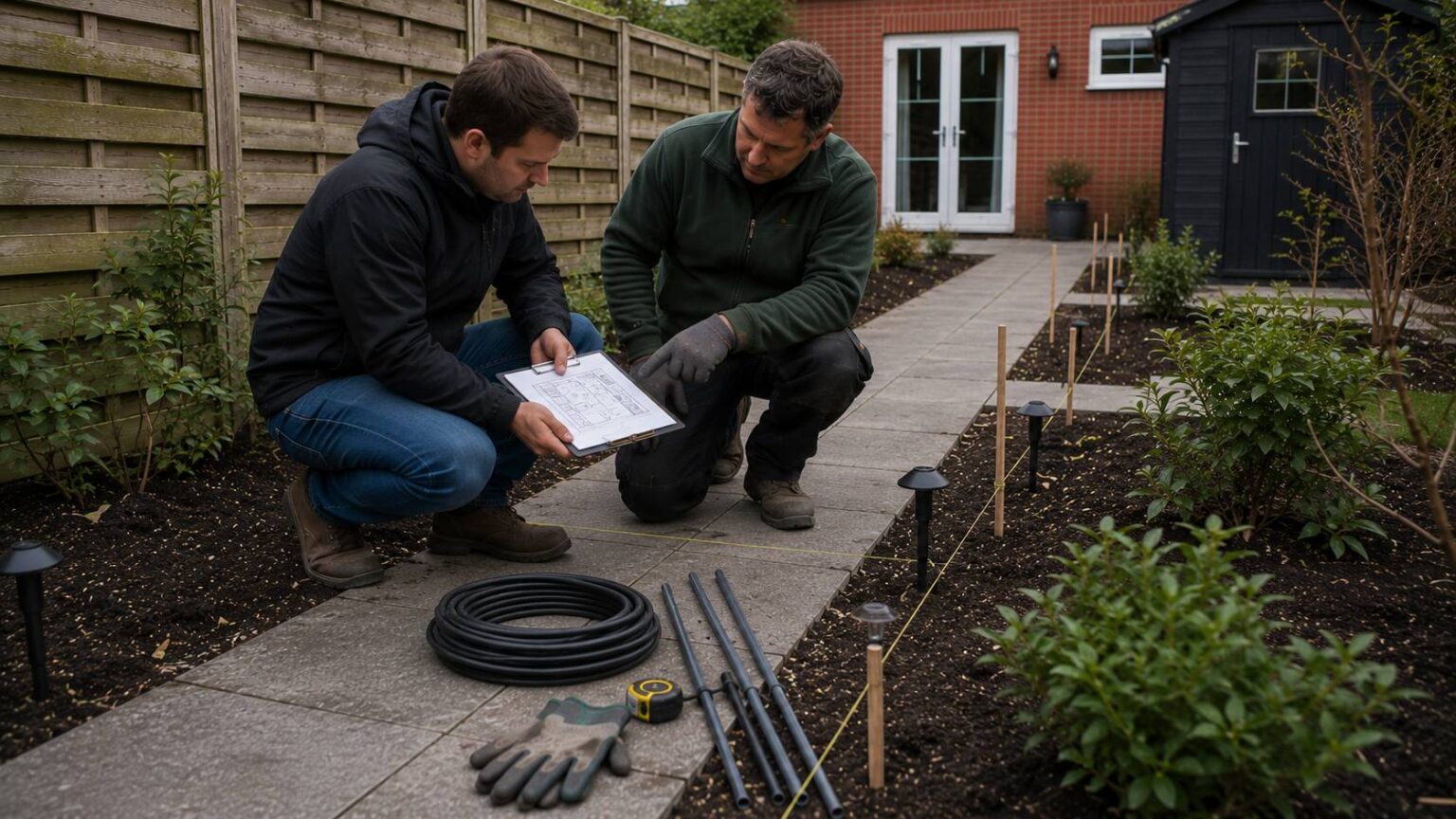 Lichtplan tuin maken met geplande lichtpunten, kabelroutes, tuinpad en borders tijdens een tuinrenovatie. lichtplan tuin