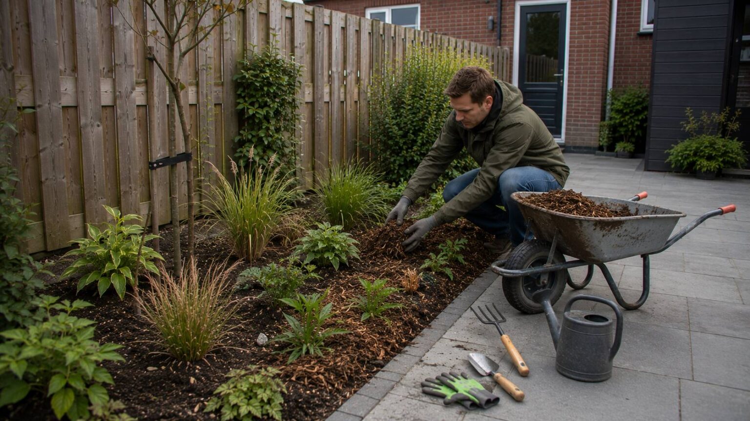 Mulch tuin aanbrengen in een border met jonge planten, houtsnippers, compost en vochtige bodem tegen uitdroging. mulch tuin