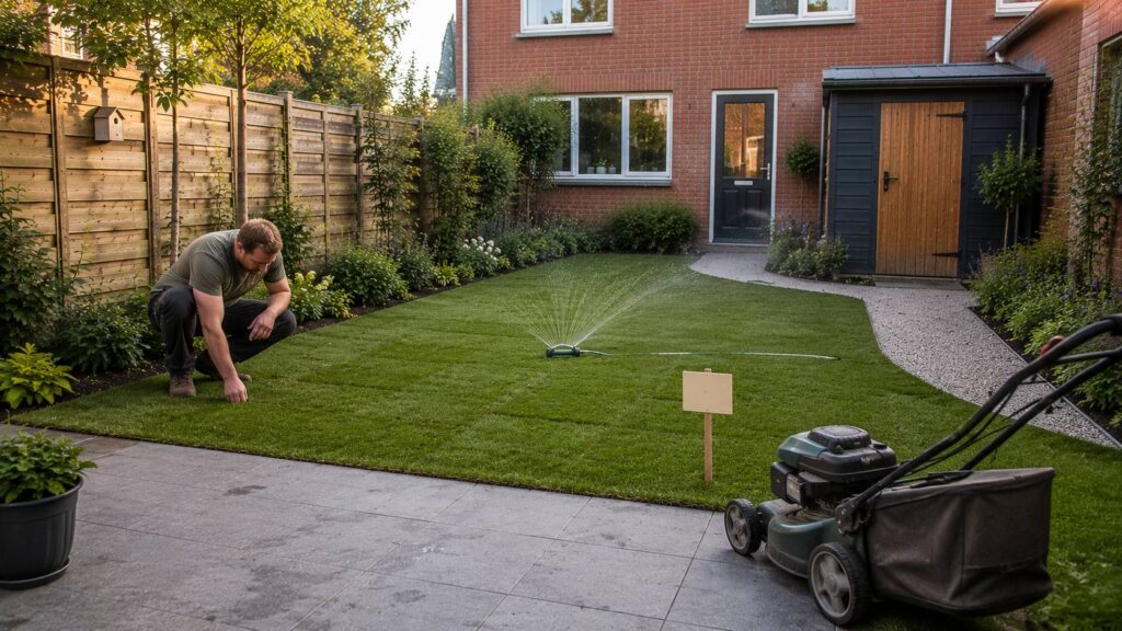 Nieuw gazon van graszoden met sproeier, nette randen en nazorg tijdens de eerste weken na aanleg.