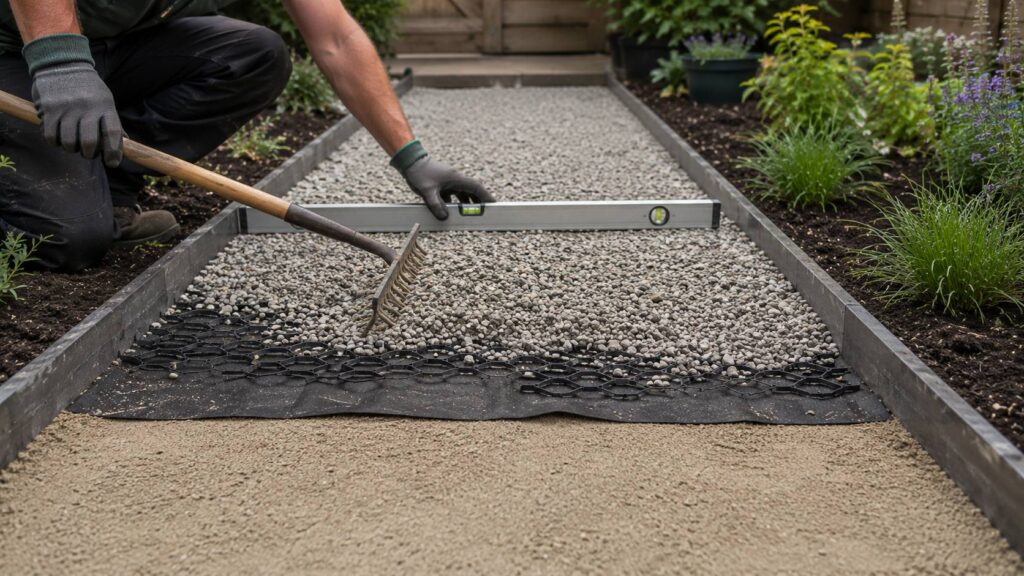 Tuinpad met grind in opbouw met verdichte ondergrond, anti-worteldoek, grindroosters en stevige randopsluiting.