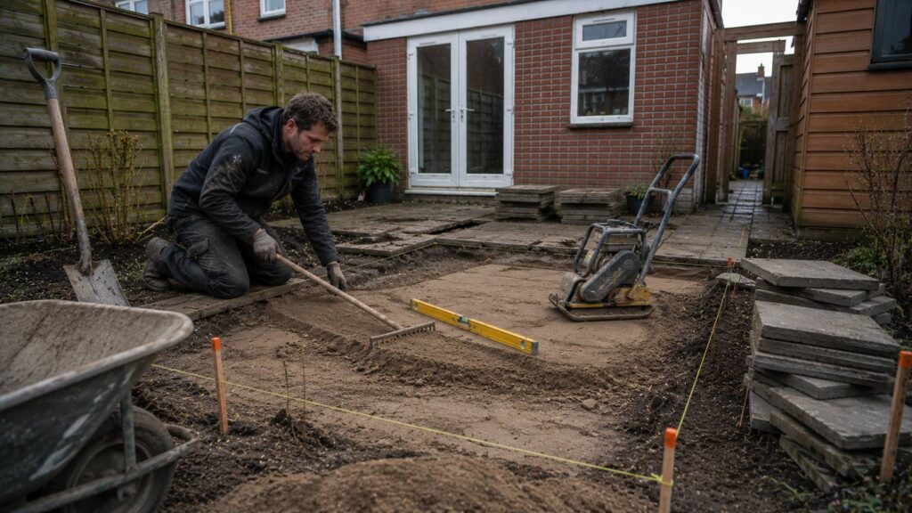 Ondergrond van verzakt terras herstellen met opgehaalde tegels, oud zandbed, wortels, puin, waterpas en straatzand.